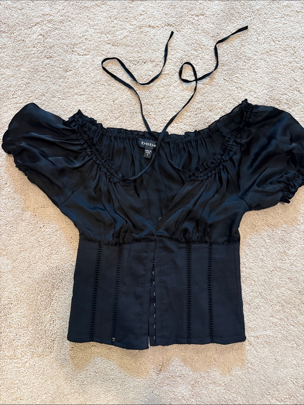 bebe Black Puff-Sleeve Corset Peasant Blouse